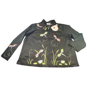 Quacker Factory Womens Embroidered Black Jacket Dragonfly Floral Design NWT 1XL